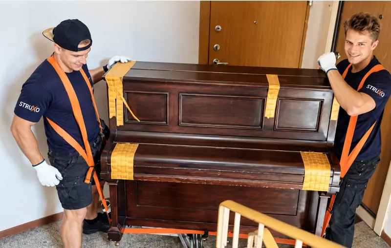 Pianino nešimas laiptais su diržais