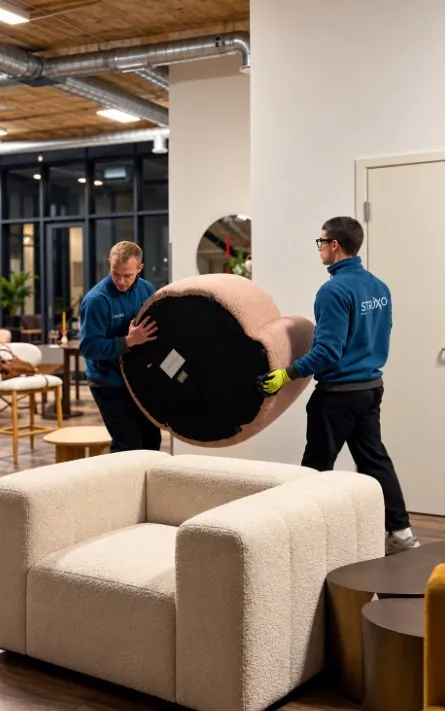 Sofa, apvyniota pledais, prie automobilio